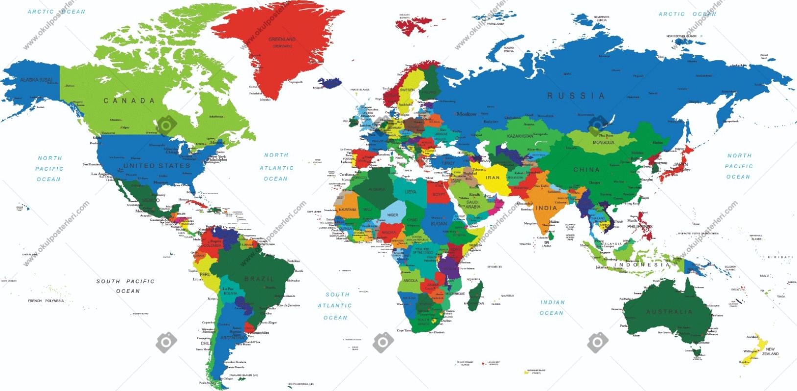 Dünya Siyasi Haritası 3 Okul Posteri