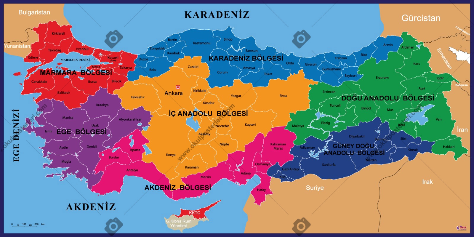 Türkiye Coğrafi Bölgeler Haritası | okulposterleri.com