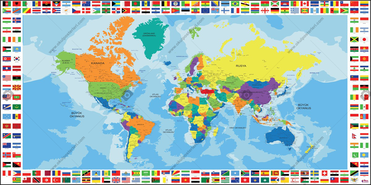 Bayraklı Dünya Siyasi Haritası Okul Posteri