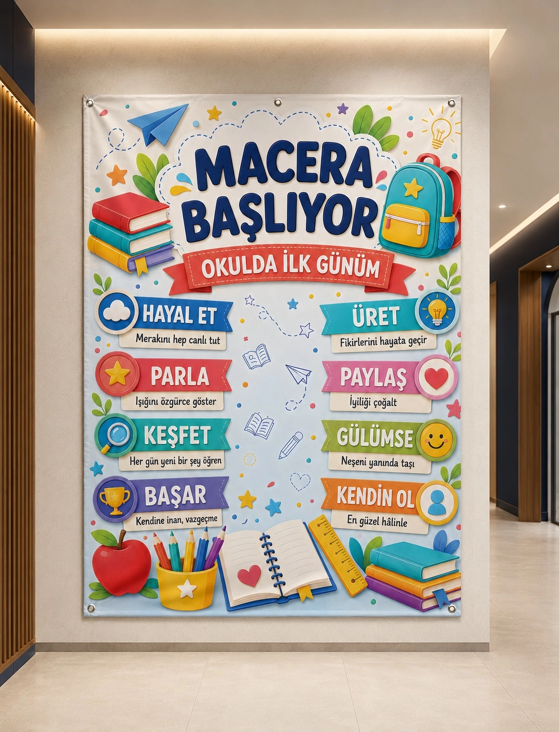Okulda İlk Gün Karşılama Afişi - Okula Dönüş Sınıf Brandası