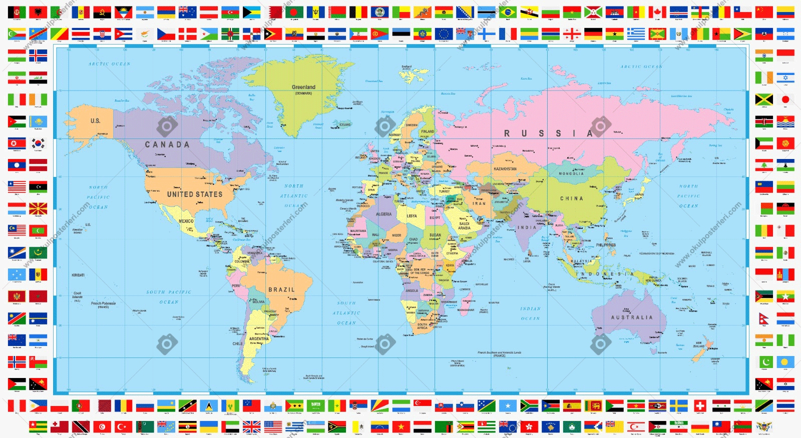 Dünya Siyasi Haritası 4 Okul Posteri