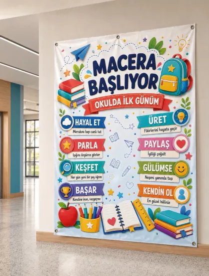 Okulda İlk Gün Karşılama Afişi - Okula Dönüş Sınıf Brandası